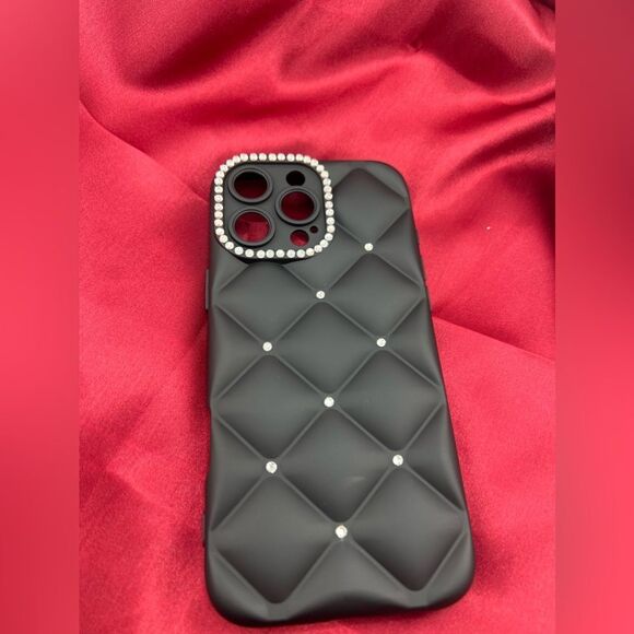 Luxury Quilted Black iPhone 16 Plus Case with Rhinestone Accents - Picture 4 of 6